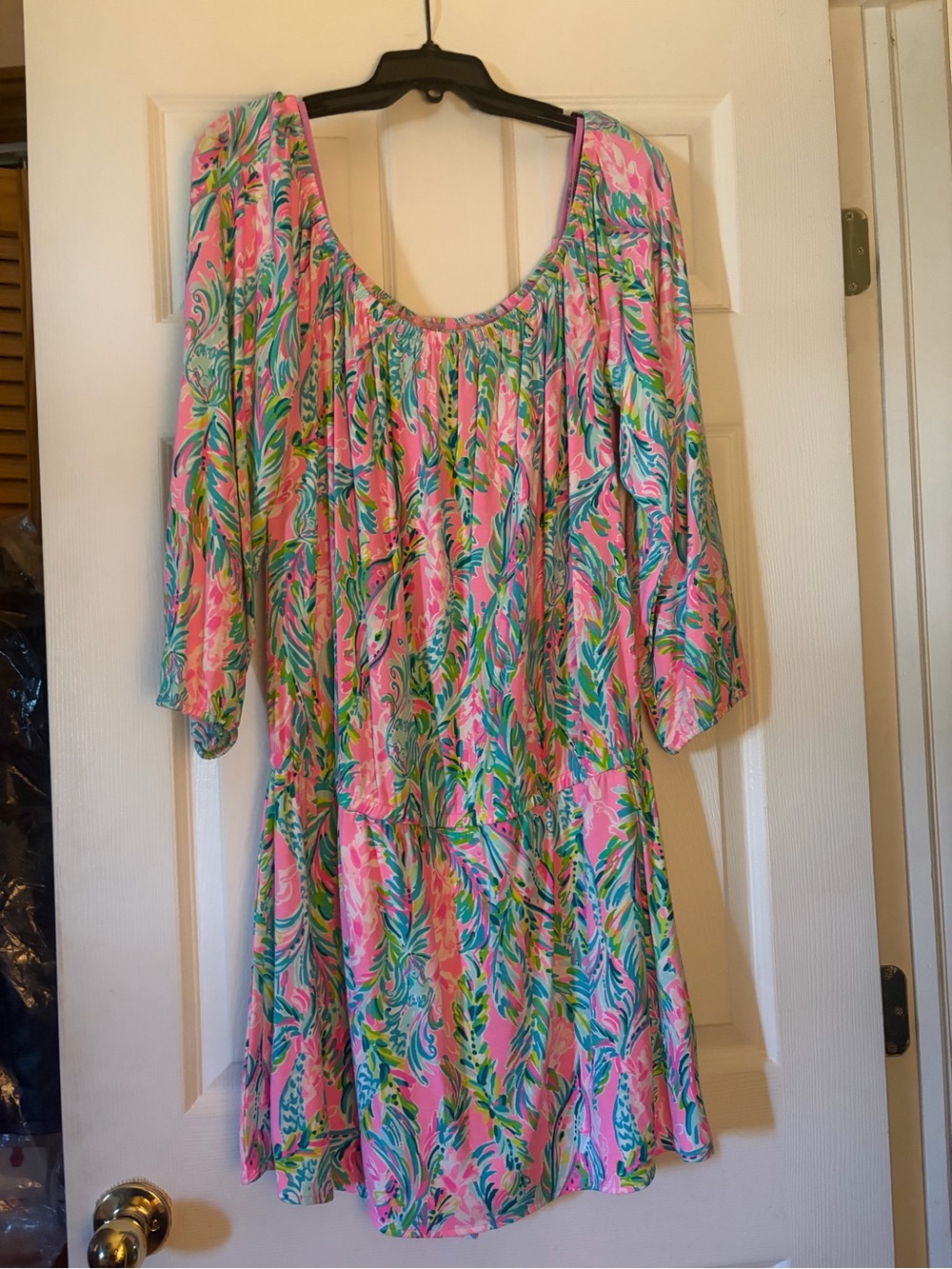 Lilly Pulitzer Pink Tropical Long-Sleeve, Off Shoulder, Scoop-Neck Mini Romper